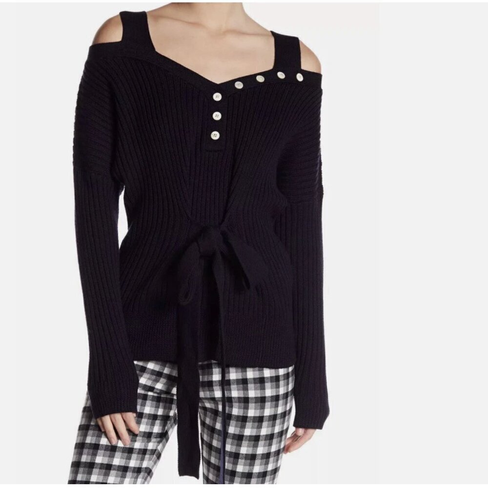 Derek Lam 10 Crosby Sweater Cold Shoulder Ribbed Knit Cashmere Black New Medium